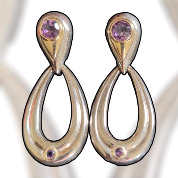 Elegant 14k Gold and Sterling Silver Amethyst Pierced Dangle Earrings - Picture 5 of 6